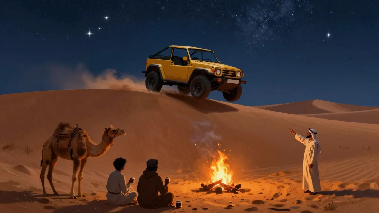 Desert safari at night with dune buggy mid-air, campfire, and Milky Way above