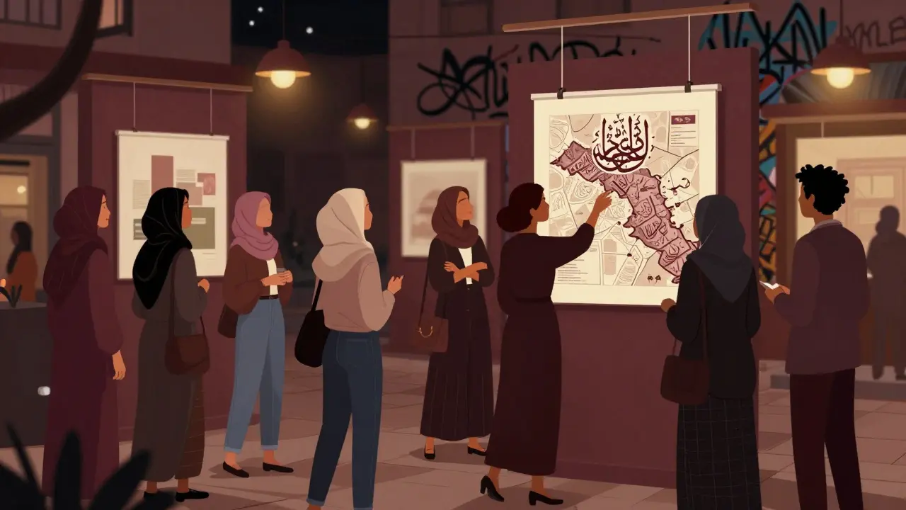 Diverse group of women discussing art and technology in a vibrant Dubai gallery at night.