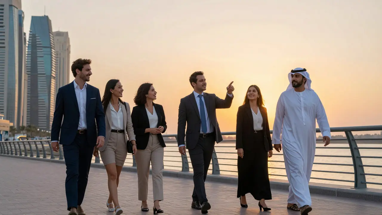 Diverse individuals walking along Dubai Marina at sunset, sharing a moment of genuine connection.