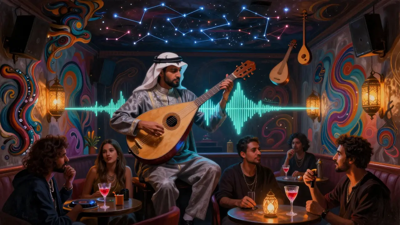 Experimental nightclub where traditional Arabic instruments blend with glowing electronic visuals and abstract art.