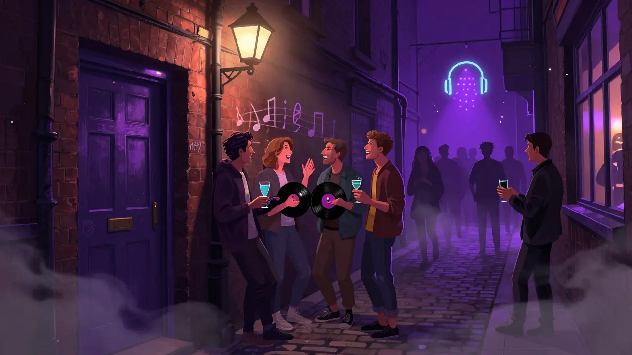 Group of friends in a dim Manchester alley under neon light, whispering to a bouncer by an unmarked door.