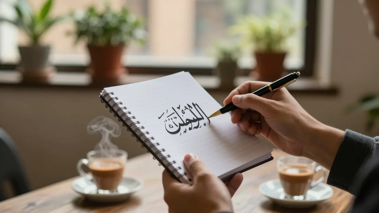 Hand offering a notebook with Arabic writing to another hand, symbolizing quiet friendship in a community space.