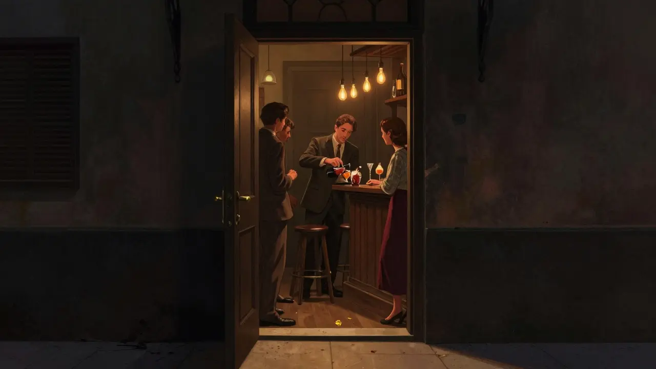 Hidden speakeasy door glowing with warm light, bartender crafting a craft cocktail inside.