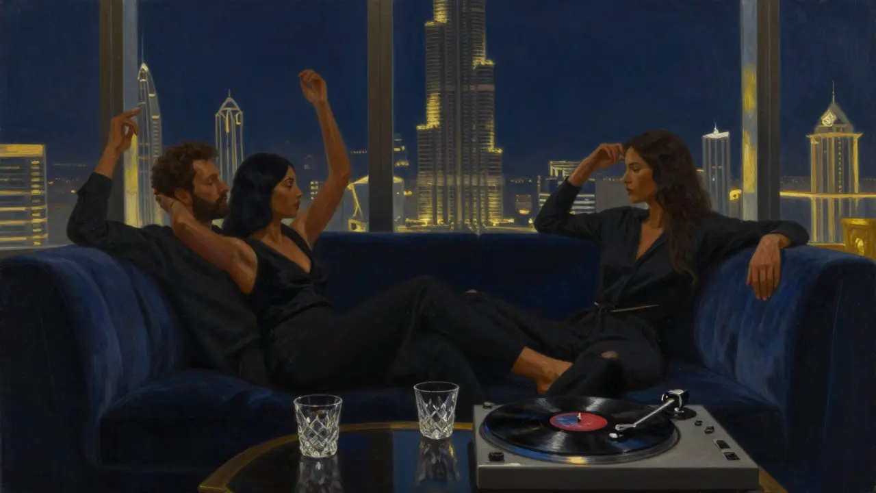 Luxurious quiet lounge with velvet couches and vintage vinyl, glowing city lights visible through a window in the night.