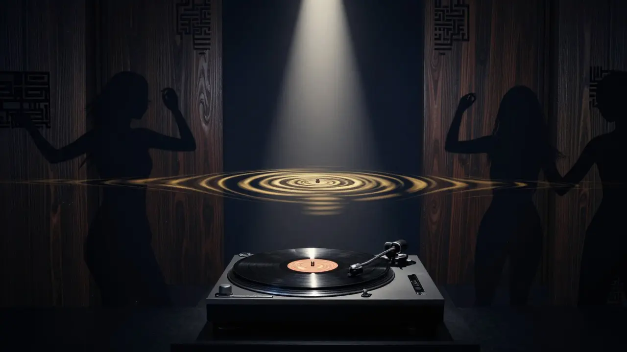 Moody nightclub interior with golden sound waves radiating from a turntable