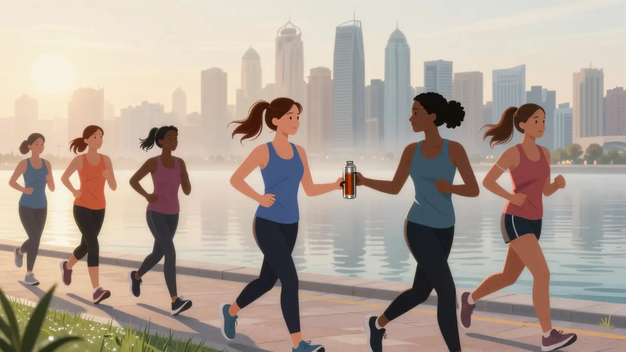 Multicultural running group jogging along Dubai Marina at sunrise, sharing tea on the path.