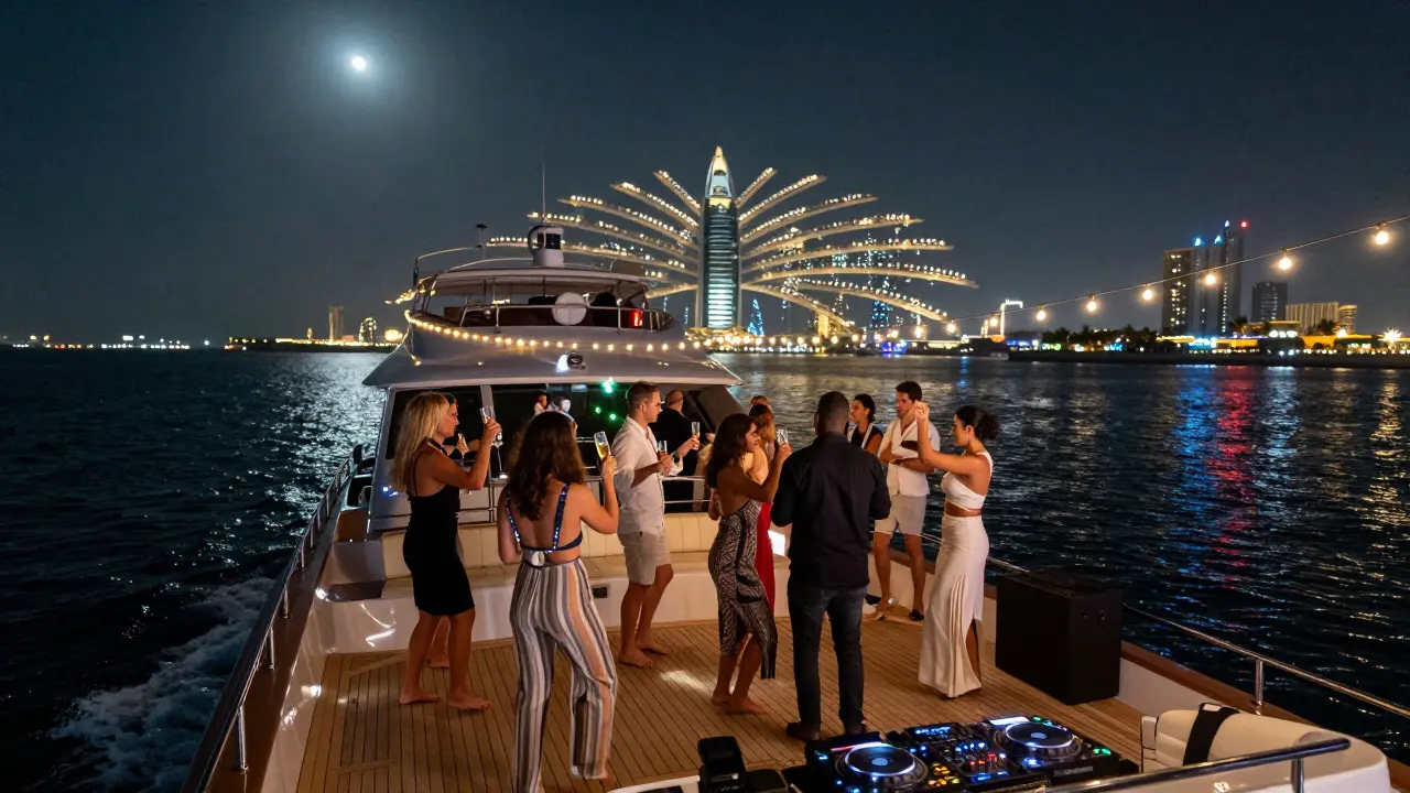 Private yacht party under string lights with guests dancing as Palm Jumeirah glows in distance.