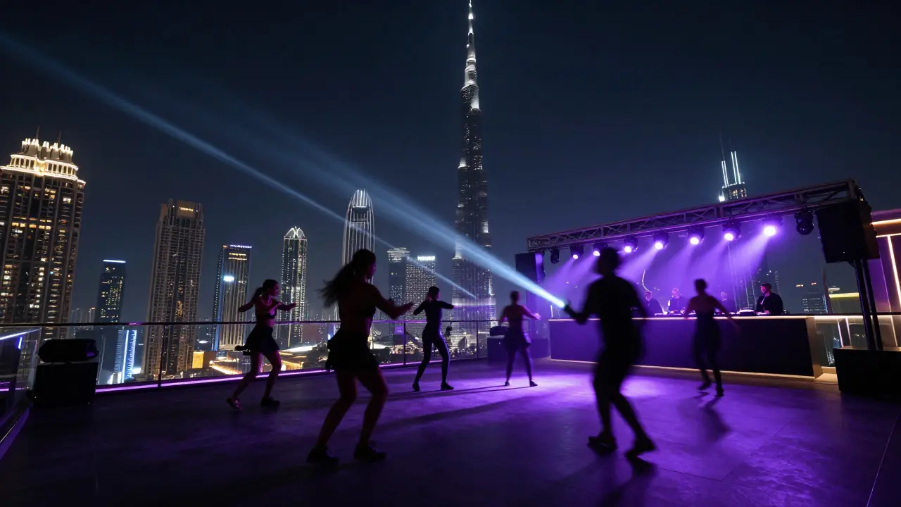 Rooftop club with silhouettes against Dubai's skyline at night