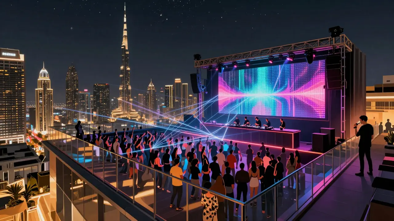 Rooftop nightclub under a starry sky, vibrant laser lights syncing with music as a crowd dances against Dubai's skyline.