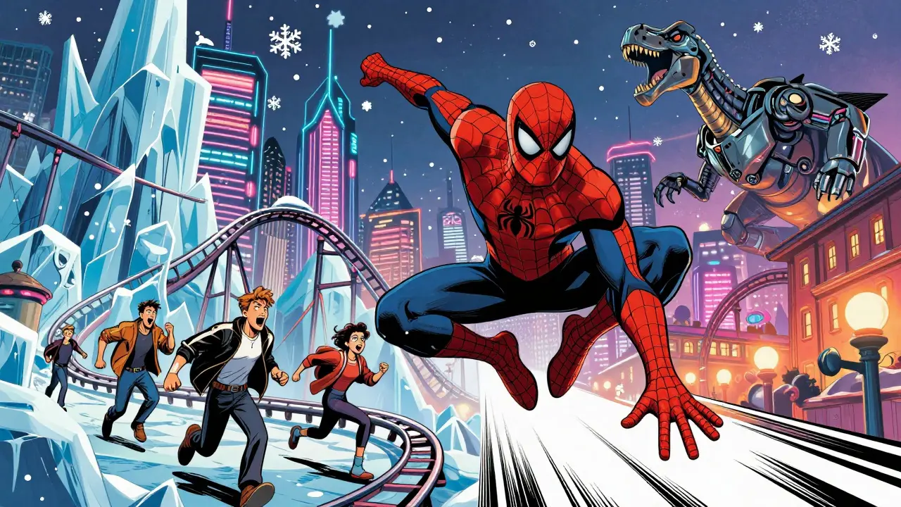 Spider-Man racing through indoor Arctic theme park with guests and rollercoaster