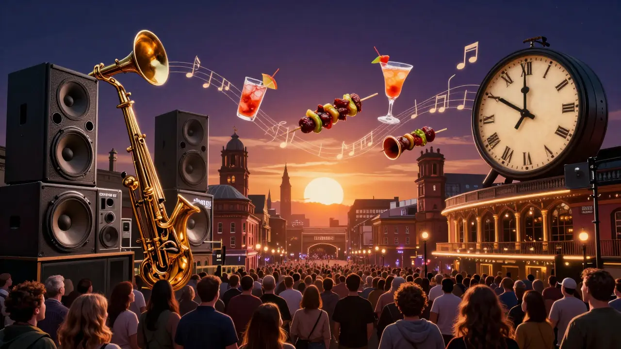 Surreal fusion of Manchester nightlife venues glowing under dawn light, music notes connecting kebabs and cocktails.