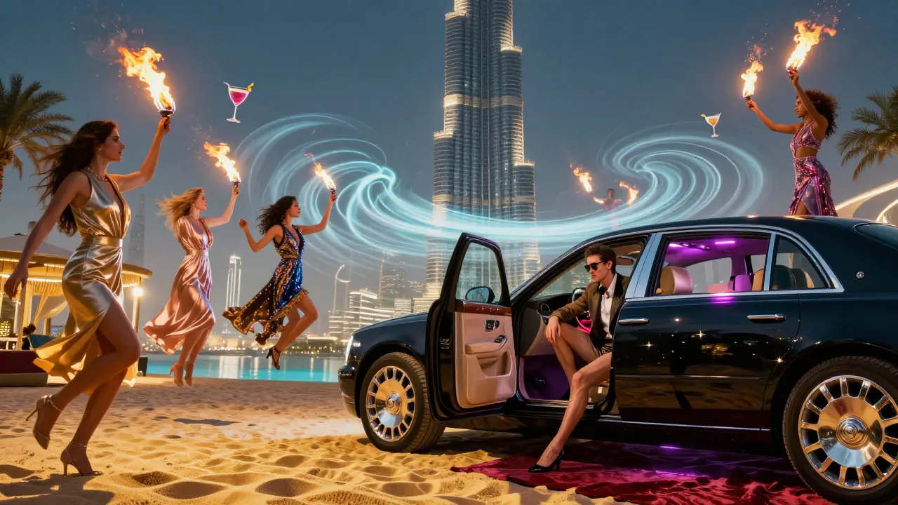 Surreal scene of a person stepping between beach club and upscale club, with Burj Khalifa as a speaker and dancers floating in the air.