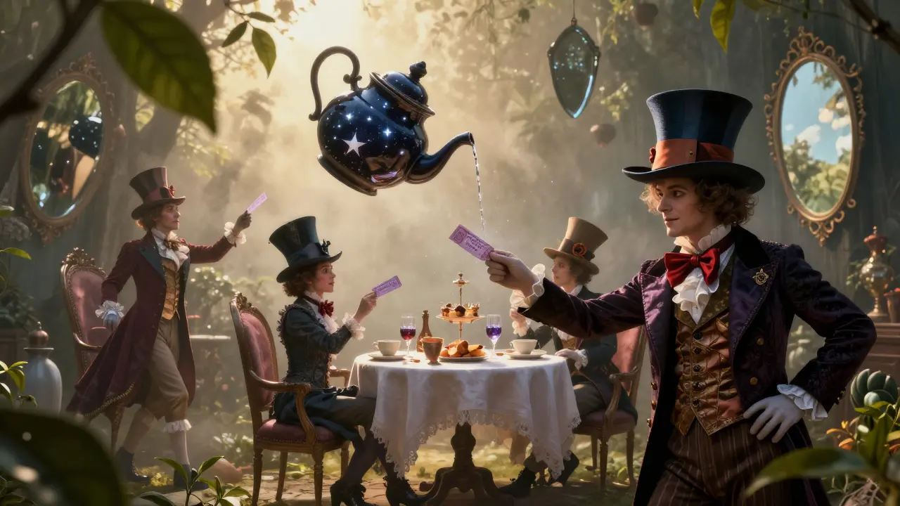 Surreal tea party with floating furniture, giant teapots, and eccentric performers in a dreamlike lounge filled with glowing drinks.