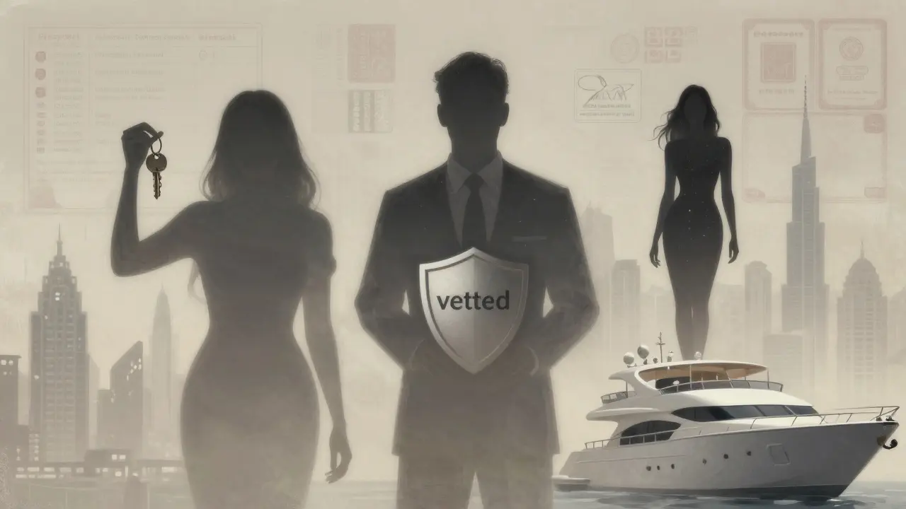 Three abstract silhouettes symbolizing independent, agency, and luxury escorts in Dubai, surrounded by encrypted messages and skyline shadows.