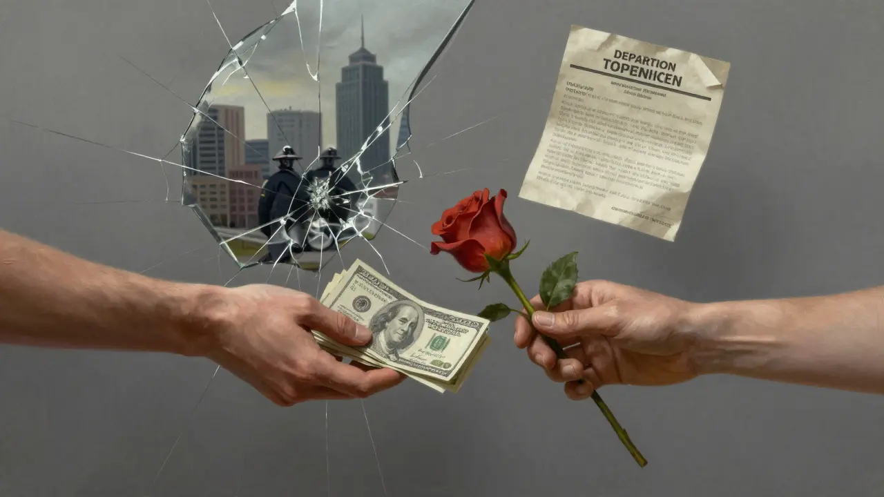 Two hands reach across a divide — one offering cash, the other a rose — while a city skyline and police sirens loom behind.