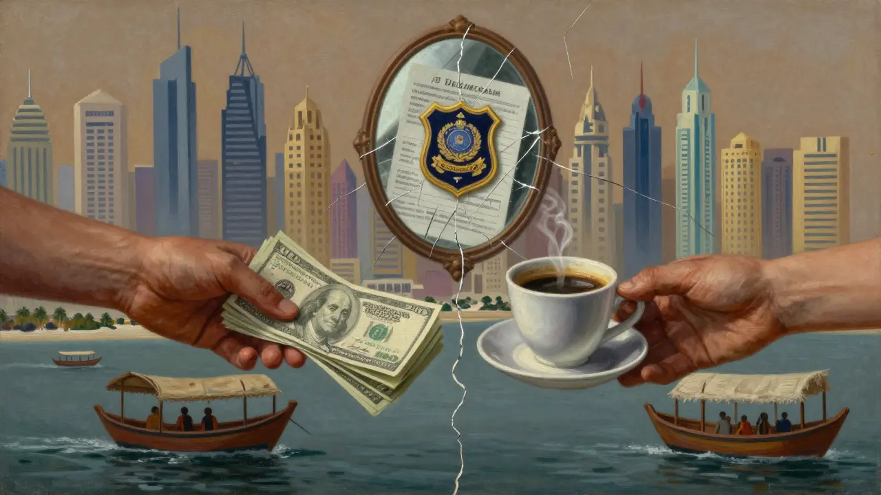 Two hands reaching across a divide of money and coffee, reflecting legal consequences.