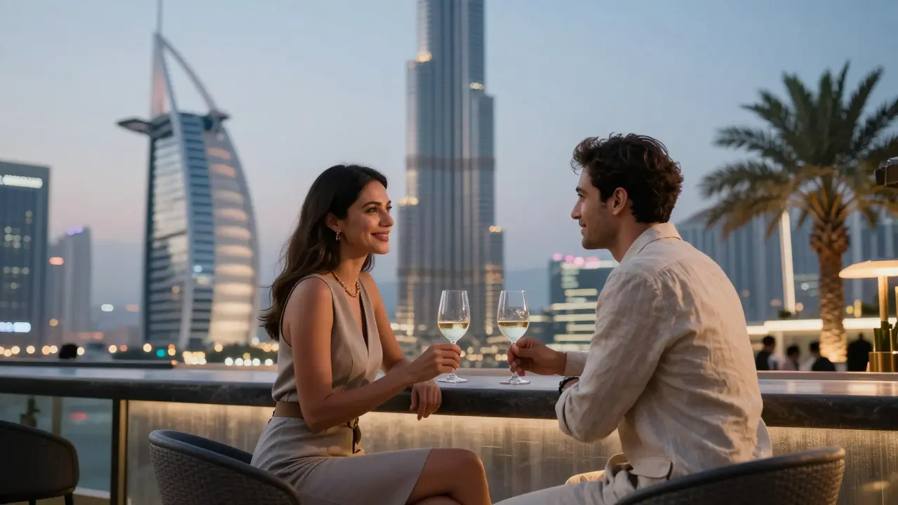 Two people enjoy a quiet drink on a rooftop bar overlooking the Burj Khalifa at twilight.
