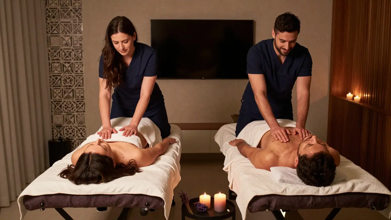 Two people enjoying a couples' massage at home with therapists working side by side.