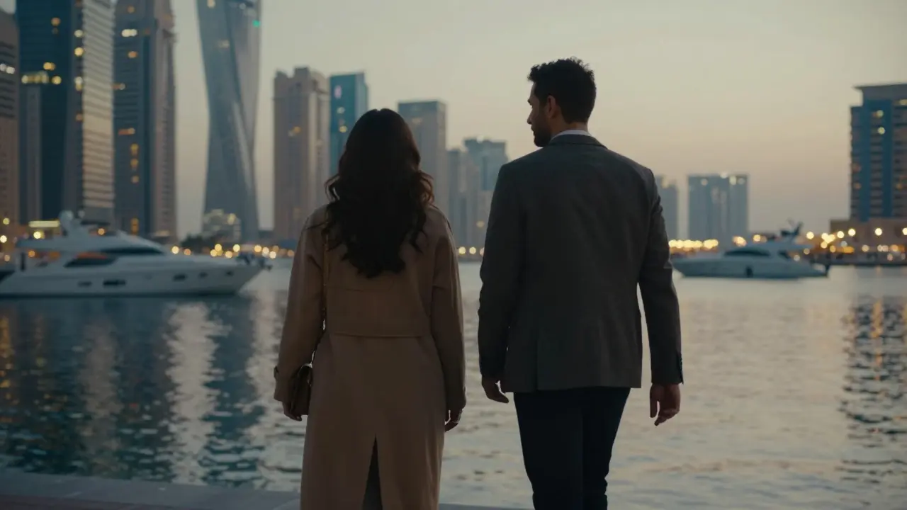 Two people walking along Dubai Marina at dusk, silhouetted against glowing city lights.