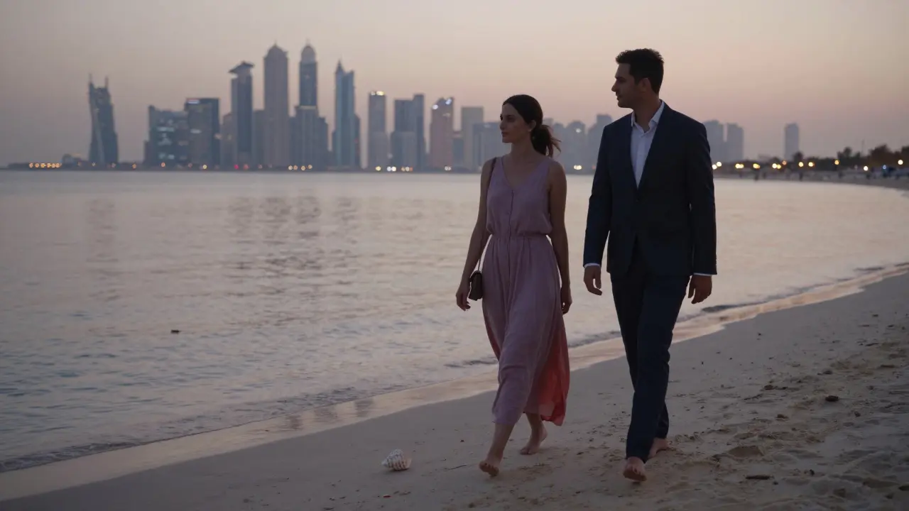 Two people walking peacefully along Jumeirah Beach at twilight, barefoot in the sand, skyline in the distance.