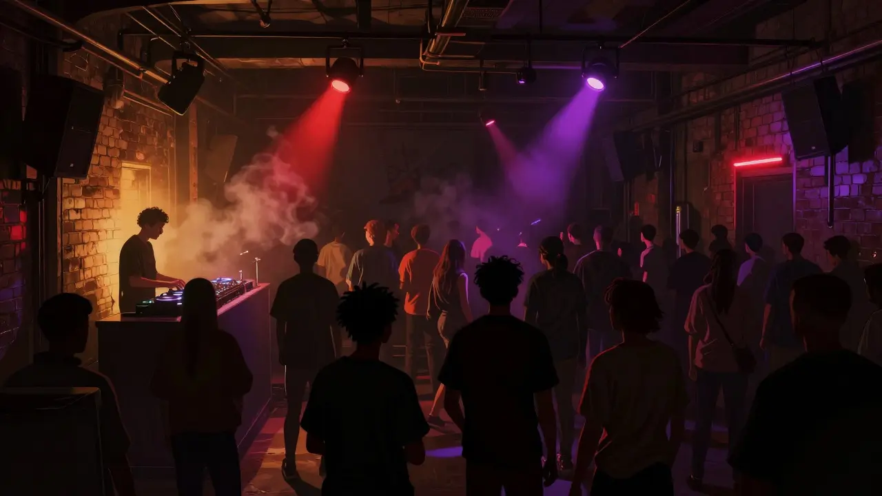 Underground party in Alserkal Avenue&#039;s warehouse club with dim lighting and pulsing music.