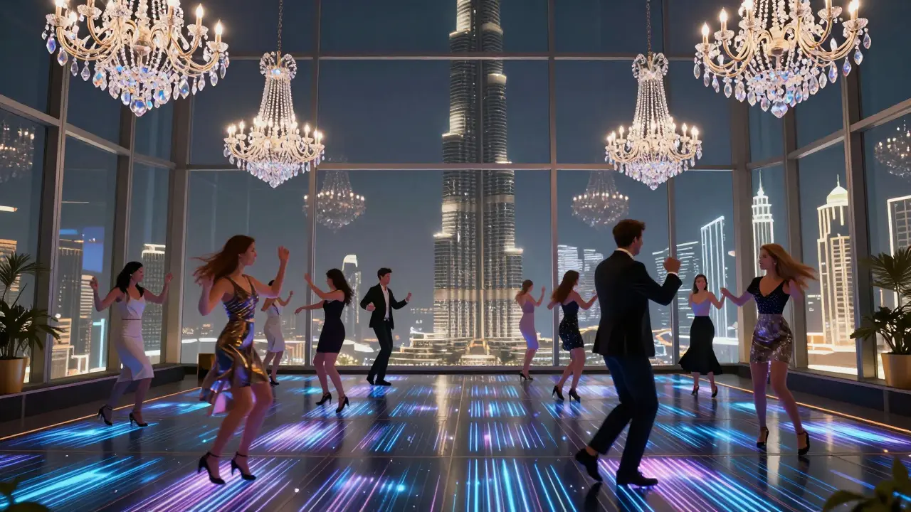 Upscale rooftop nightclub with Burj Khalifa glowing in the distance, guests dancing under synchronized LED lights.