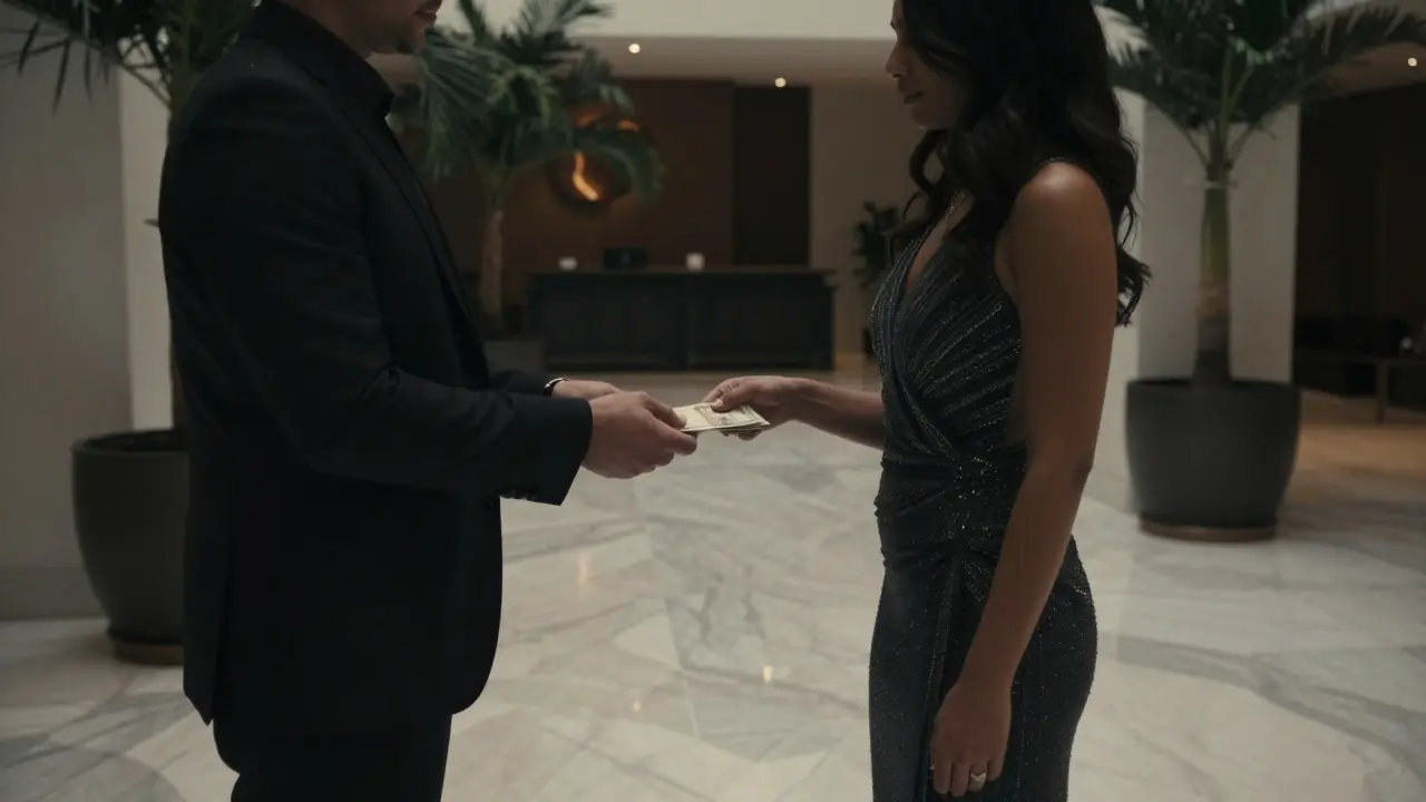 A cash exchange in a high-end hotel lobby, figures partially hidden by shadows and plants.