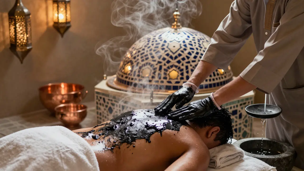 A client is exfoliated in a traditional Arabic Hammam with steam, tilework, and copper basins.