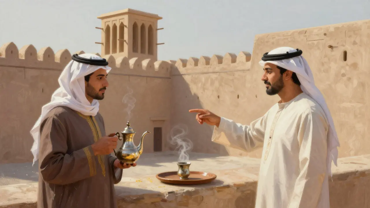 A companion showing traditional Emirati coffee rituals in a historic fort with soft sunlight streaming through stone arches.