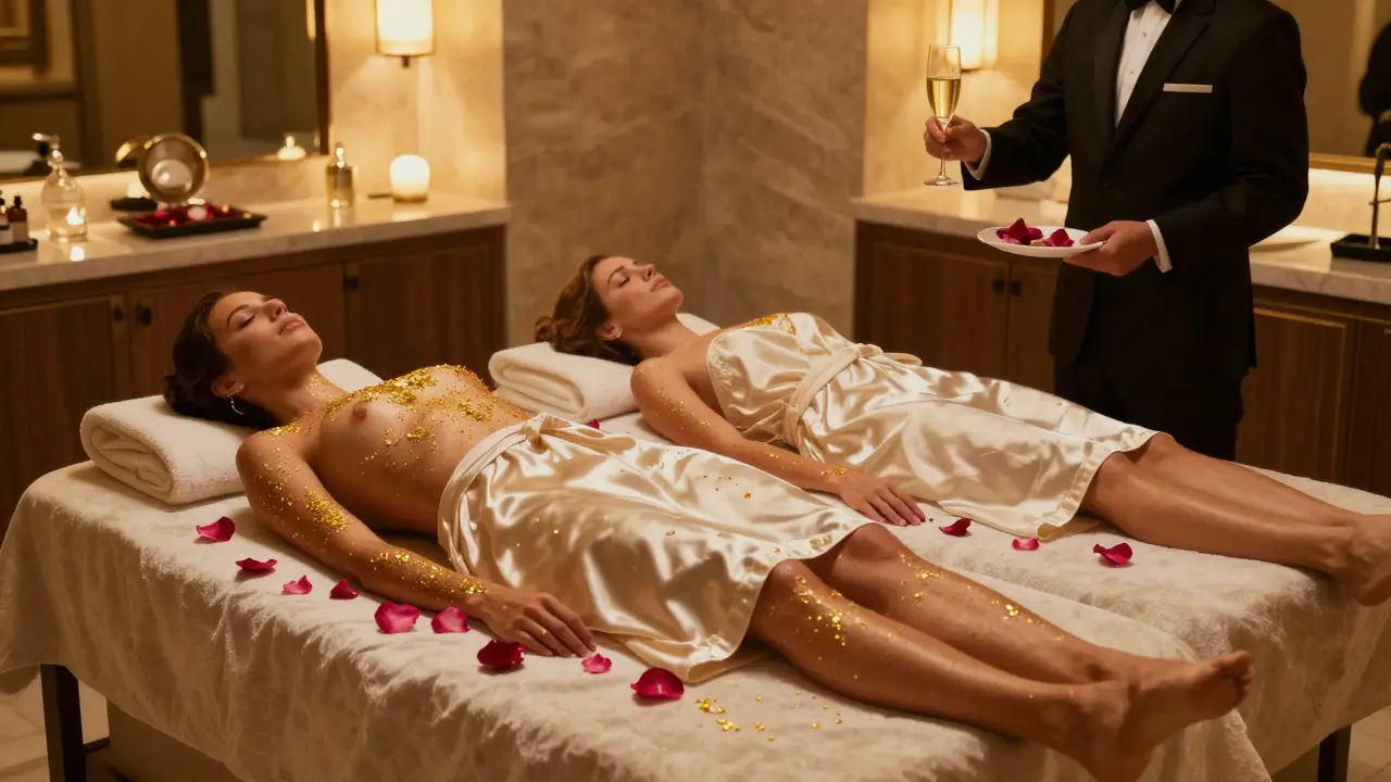 A couple enjoying a luxury couples massage with rose petals and golden accents in a lavish spa suite.