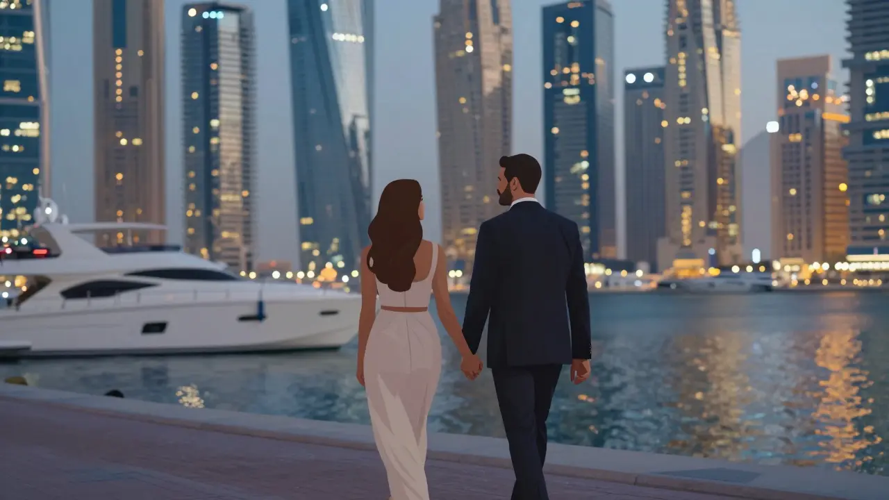 A couple walks hand-in-hand along Dubai Marina at night, elegant and respectful, no public affection.