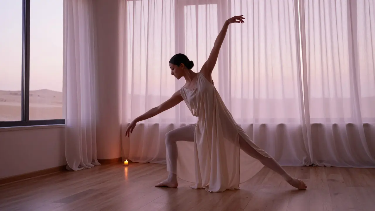 A dawn yoga session in a serene studio with a former ballet dancer guiding a student in stillness.