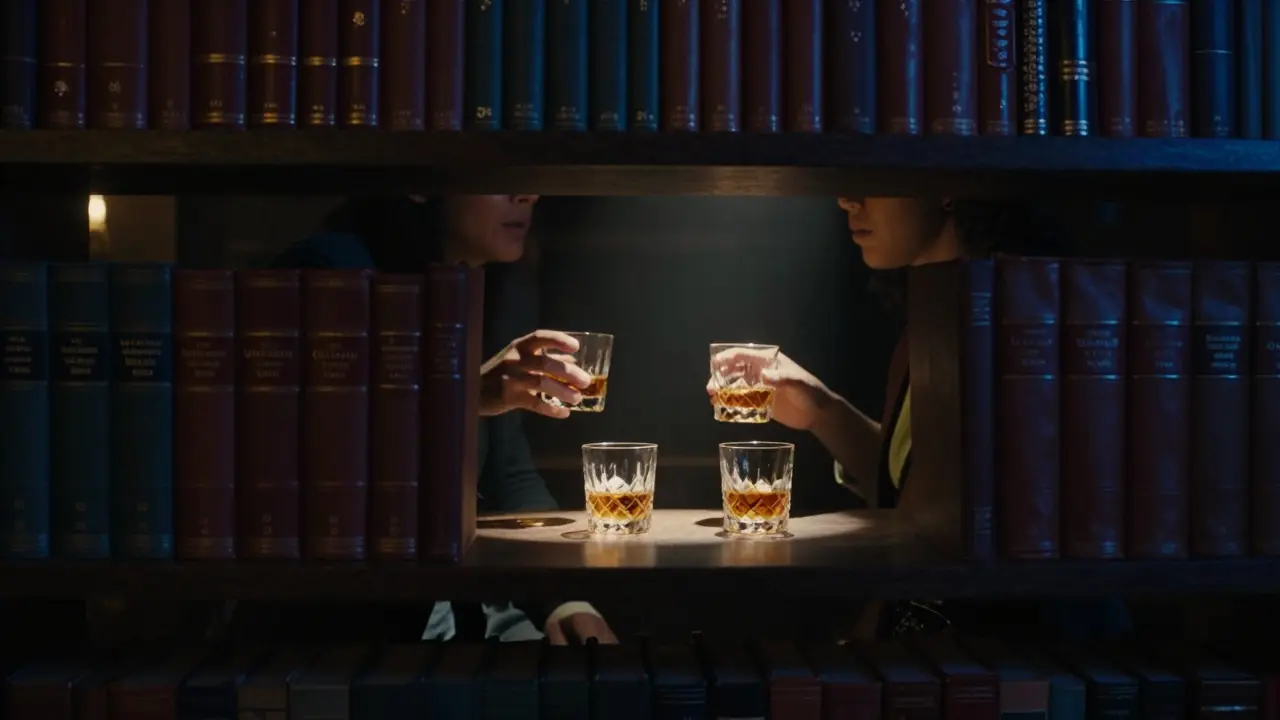 A discreet speakeasy hidden behind books in Dubai, two figures sharing a drink in warm, shadowy lighting.