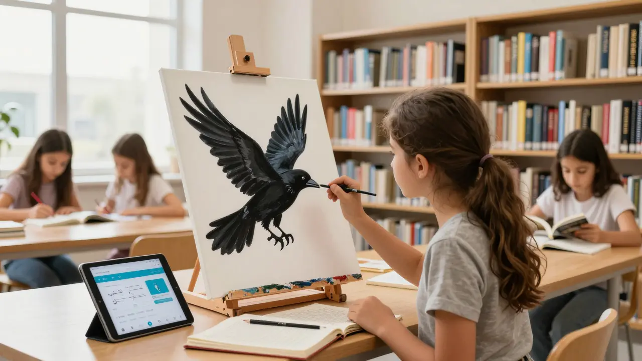 A girl paints a flying black bird on canvas in a sunlit library, surrounded by journals and mental health apps, others quietly reading nearby.
