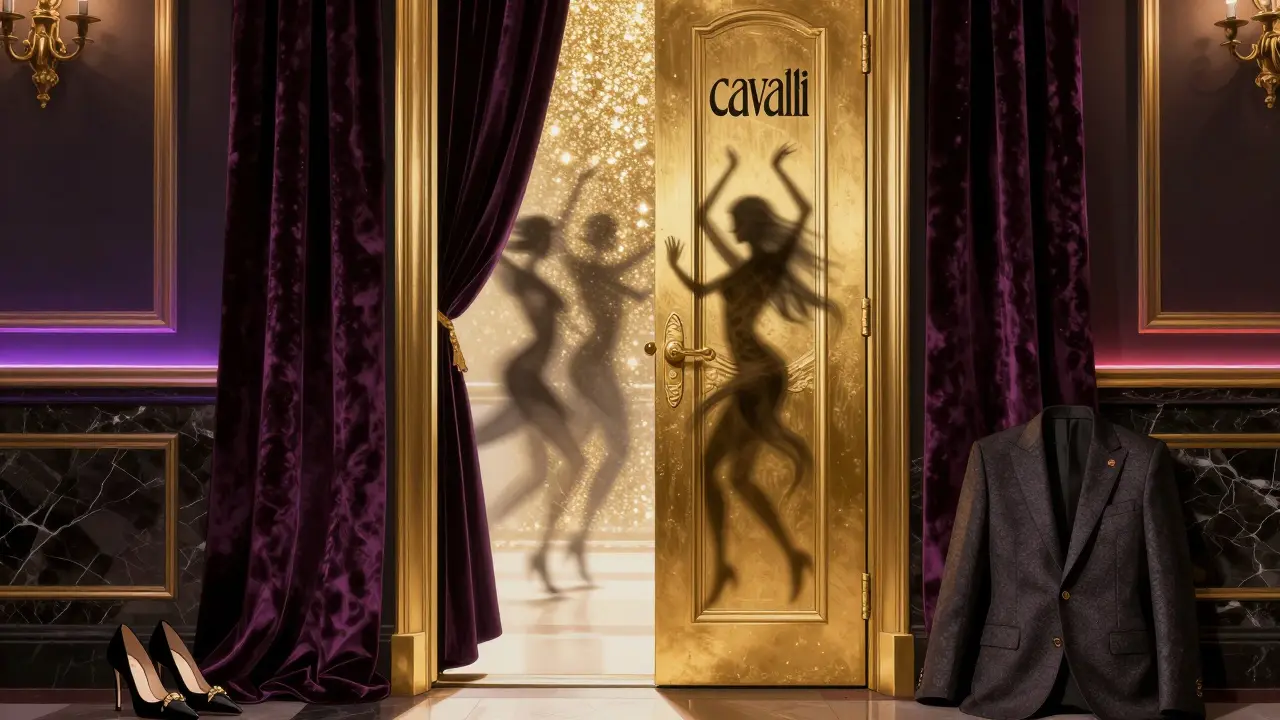 A gold-embossed door slightly open, revealing a blur of luxury and light from inside Cavalli Club.