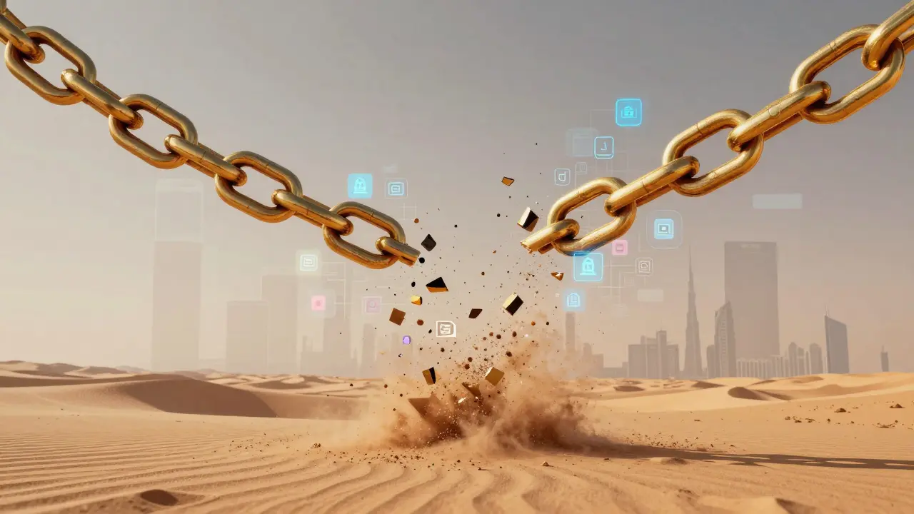 A golden chain dissolving into digital fragments over a desert skyline, symbolizing digital risk.