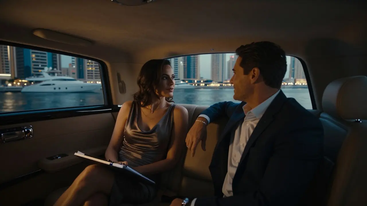 A luxury car cruising Dubai Marina at dusk with two passengers enjoying the city lights in privacy.