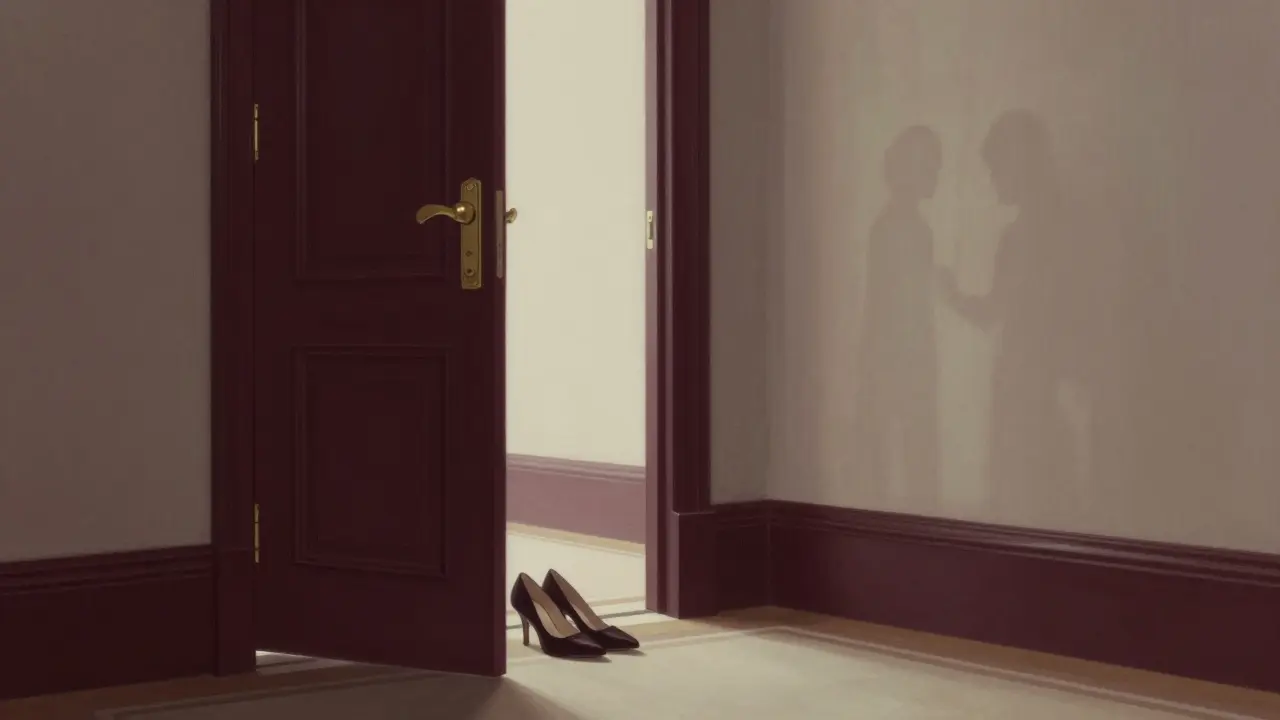 A luxury hotel room door slightly open, shoes neatly placed outside, symbolizing private, lawful intimacy.
