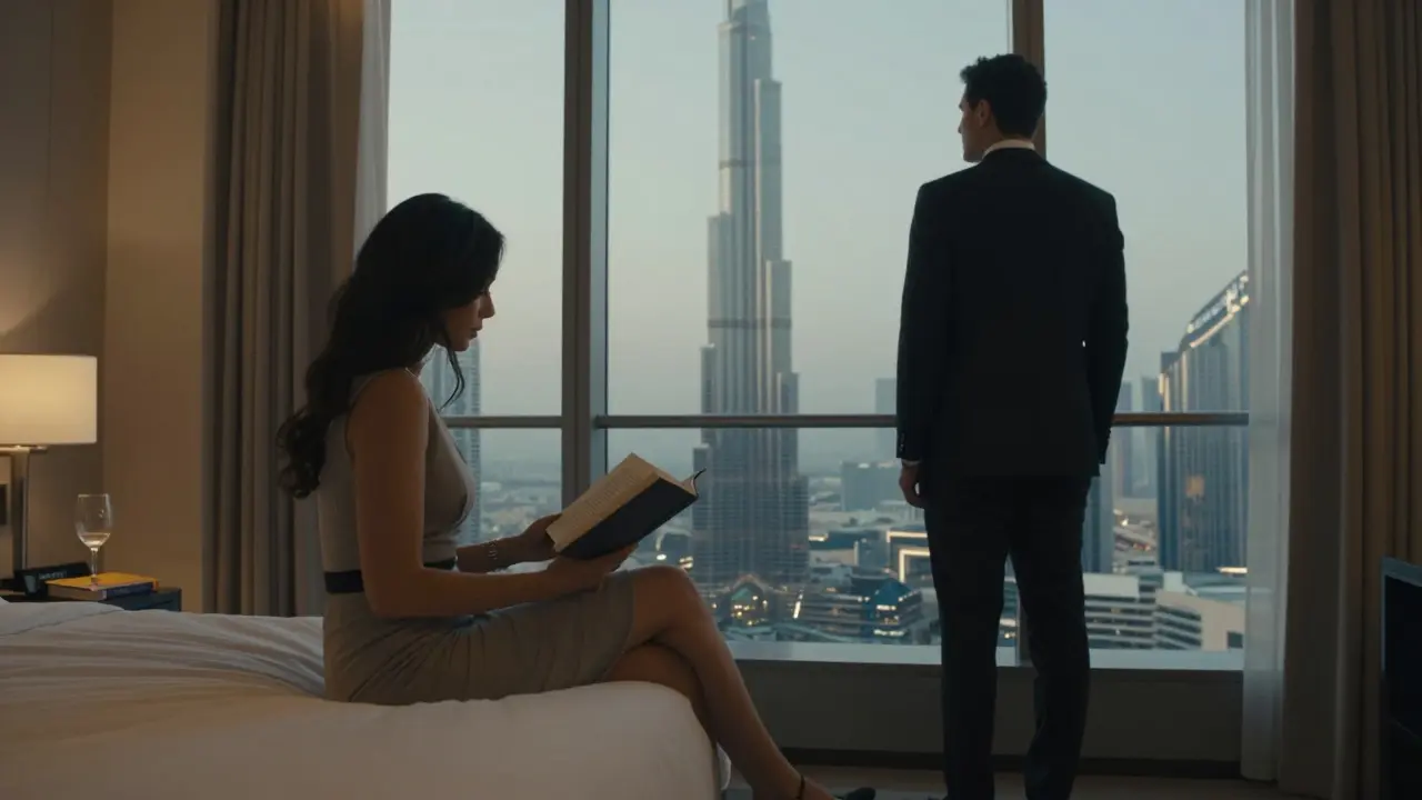 A man and woman in a hotel room, quietly sharing a peaceful moment before sunset.