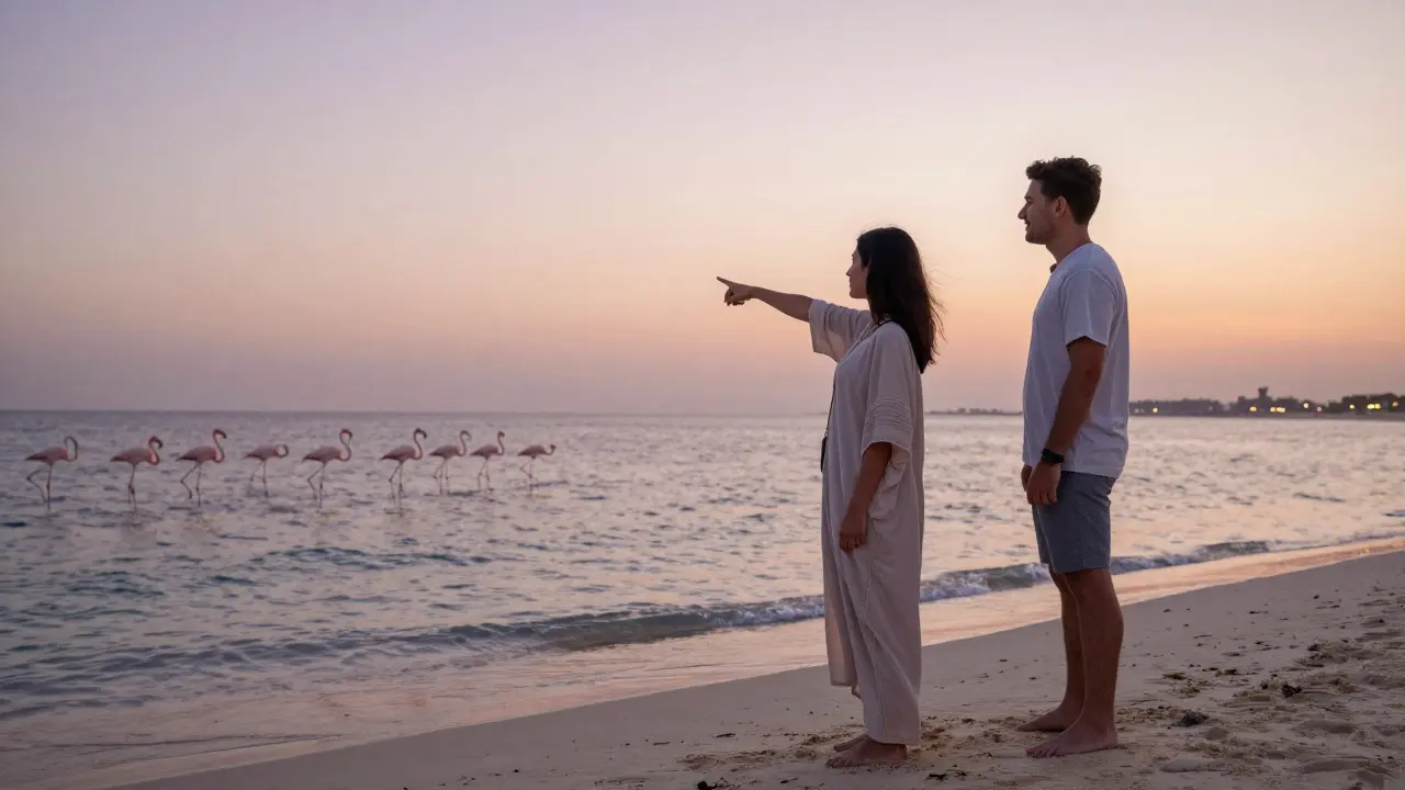 A man and woman stand barefoot on a private Dubai beach at sunset, watching flamingos fly over the water.