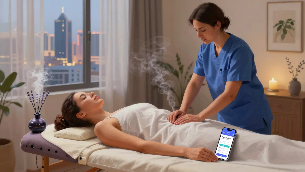 A mobile massage therapist working in a quiet Dubai apartment at dusk with lavender diffuser nearby.