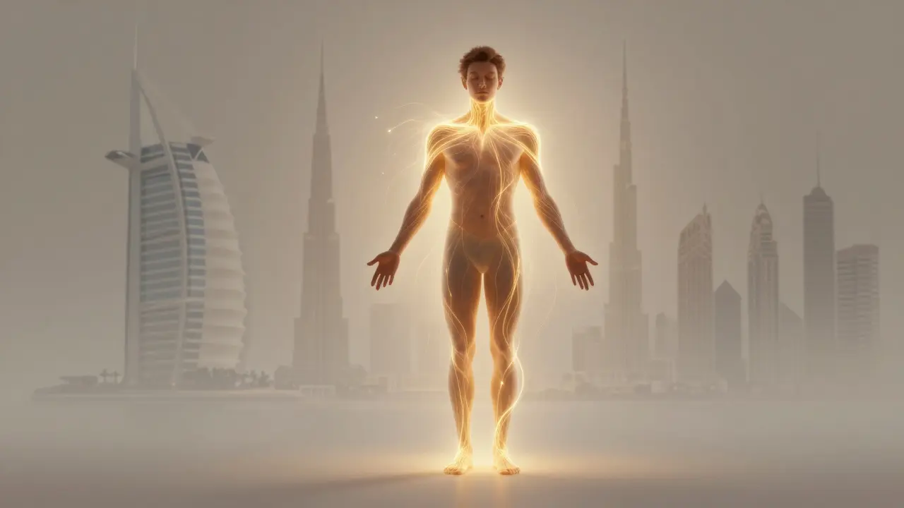 A person dissolves into golden light, symbolizing release of stress and renewal after a massage.