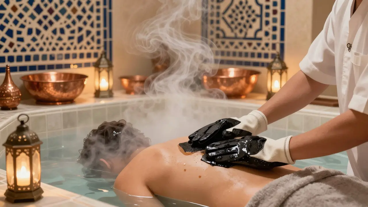 A person experiencing a traditional Arabic hammam ritual with steam, mosaic tiles, and copper basins.