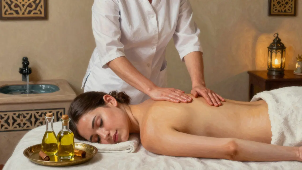 A therapist applying oil to a client's back in a quiet spa with Arabic decor and soft lighting.