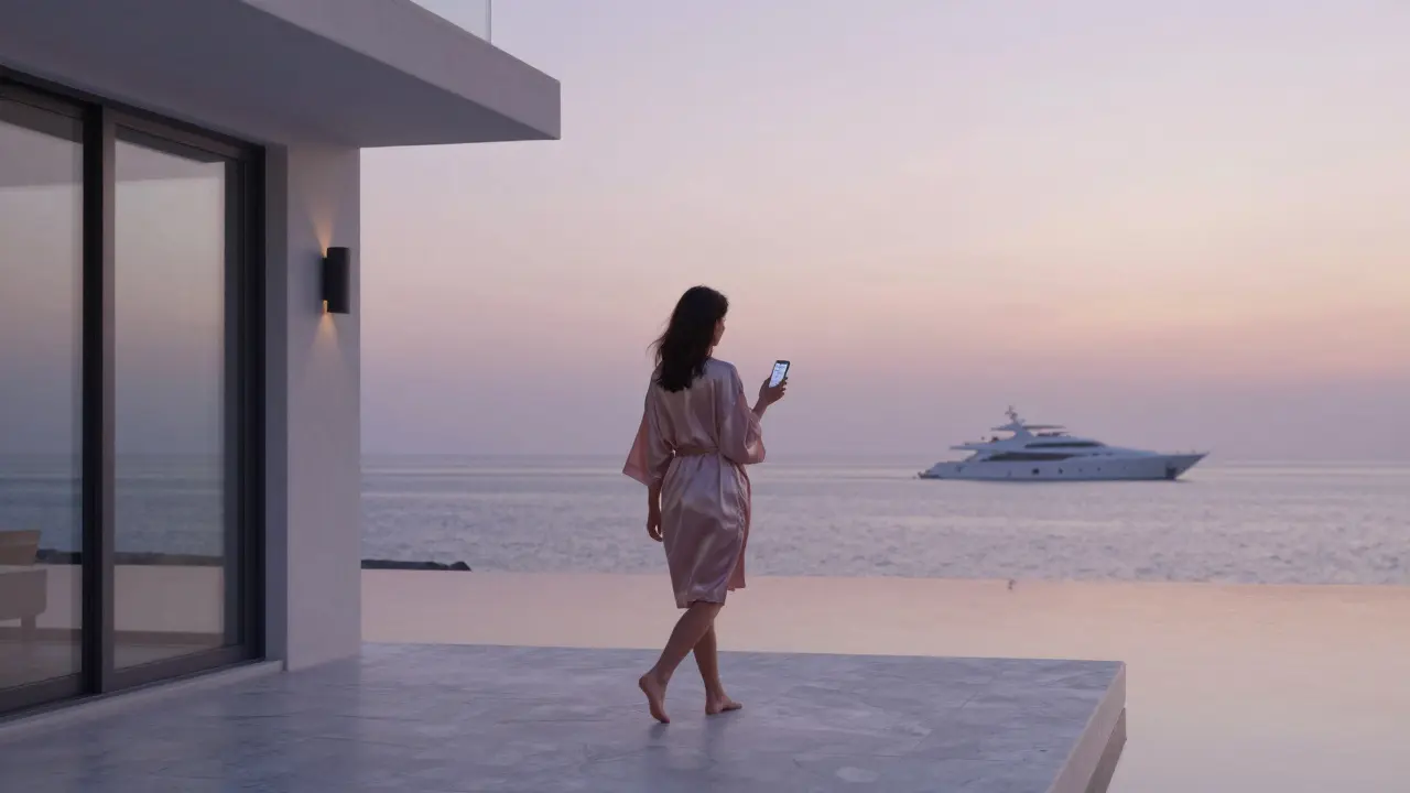 A woman walks alone on a private villa terrace at sunrise, the sea calm behind her, phone glowing softly in hand.