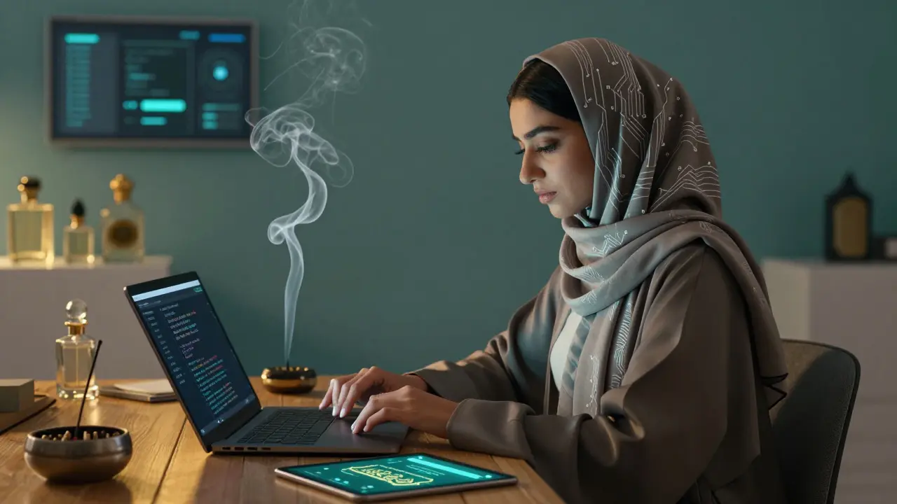 A young Emirati woman in a modern abaya with tech-patterned hijab codes on a laptop while oud incense rises beside her, smart lights glowing warmly.