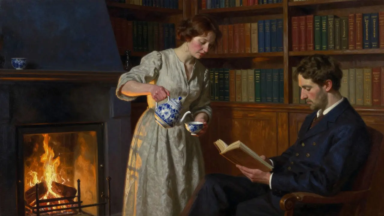 An intimate library with books in multiple languages, a fireplace, and someone pouring tea in quiet focus.
