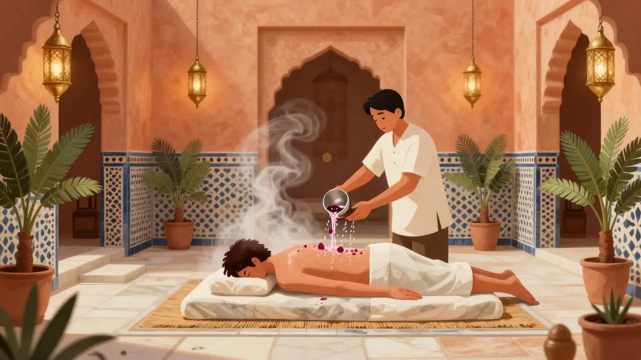 Arabic hammam ritual with steam, rosewater, and mosaic tiles in a private courtyard.