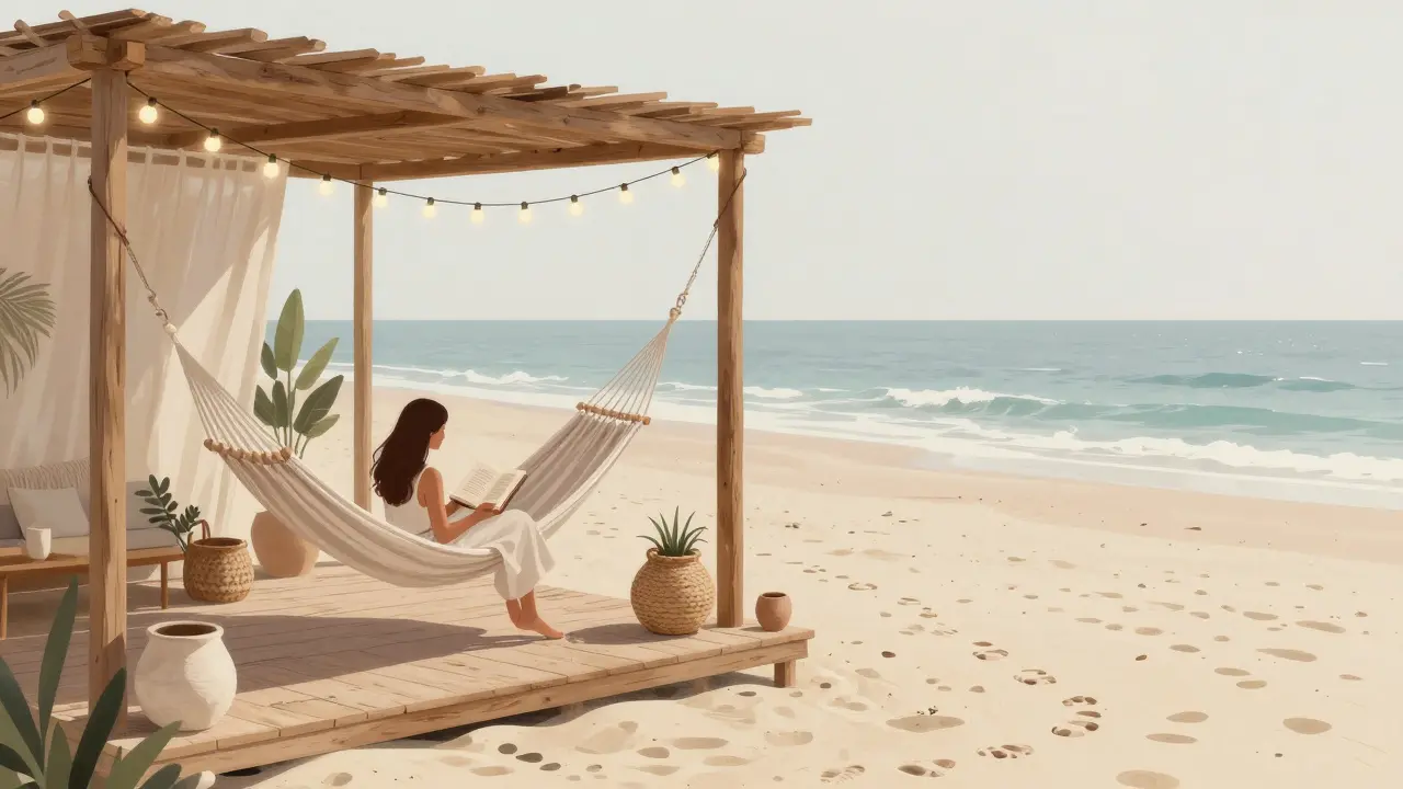 Boho-chic beach retreat with hammocks, fairy lights, and a reader enjoying calm ocean views in Dubai.