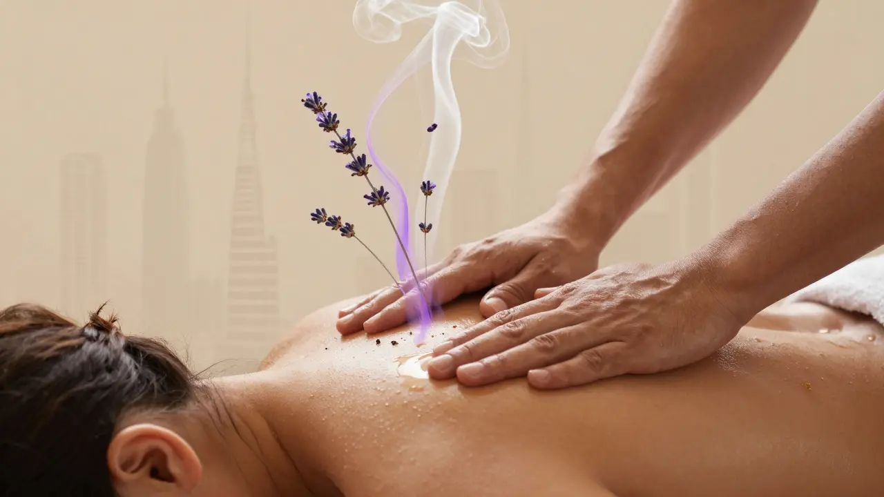 Close-up of hands massaging tense shoulders with glowing oil, surrounded by aromatic vapors of lavender and frankincense.